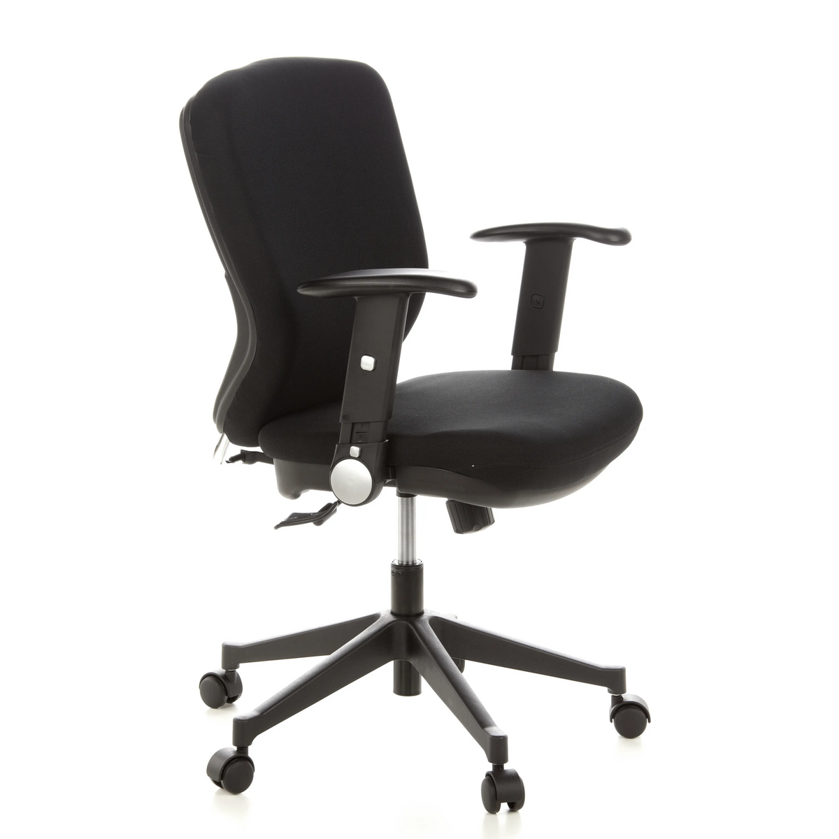 Sedia da ufficio professionale TRAFFIC 20 nera con braccioli e base a cinque ruote di hjh OFFICE – vista a 360° (vista frontale a tre quarti 60°)