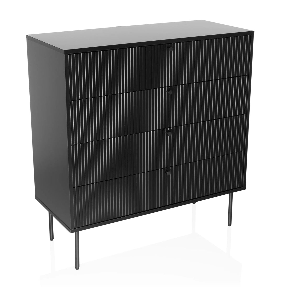 Cassettiera nera KARBY K con quattro cassetti scanalati e gambe sottili di hjh LIVING – vista a 360° (vista frontale a tre quarti 30°)