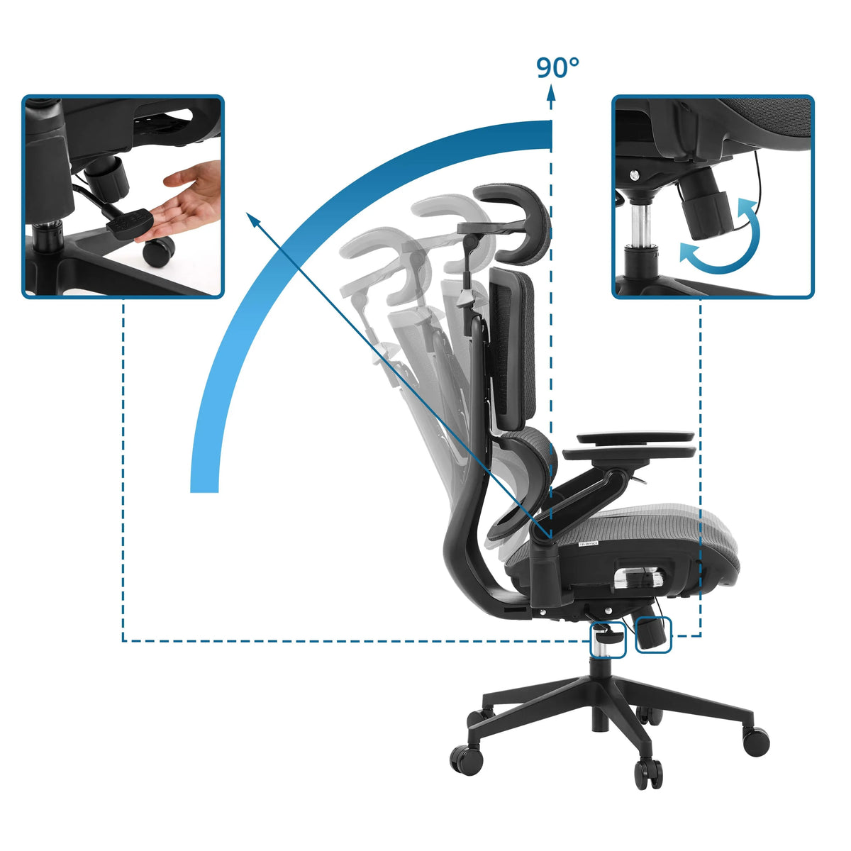Regolazione dell'inclinazione dello schienale della sedia da ufficio professionale Ergo U2 Pro3 fino a 90 gradi di hjh OFFICE
