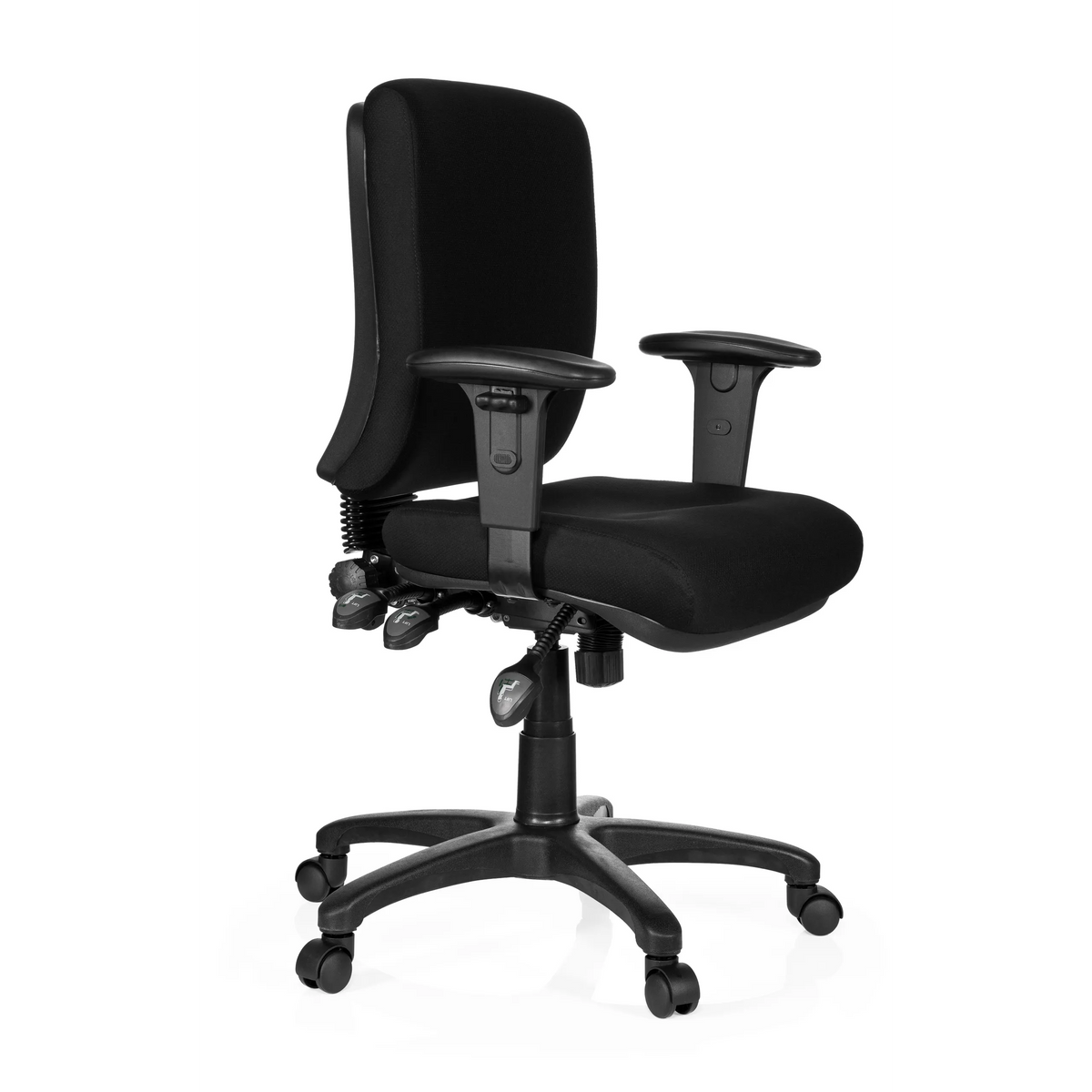 Sedia da ufficio professionale ZENIT BASE nera con braccioli e base a cinque ruote di hjh OFFICE – vista a 360° (vista frontale a tre quarti 60°)
