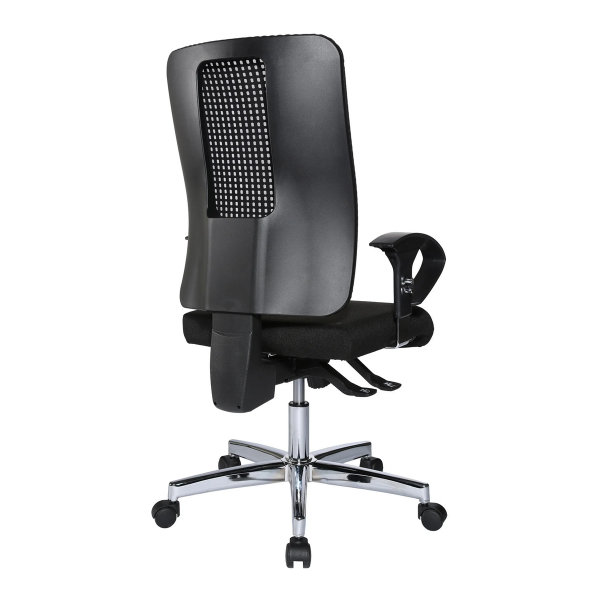 Sedia da ufficio professionale HJH SITNESS WORK nera con schienale in rete, braccioli e base a cinque ruote di Topstar – vista a 360° (vista posteriore 180°)