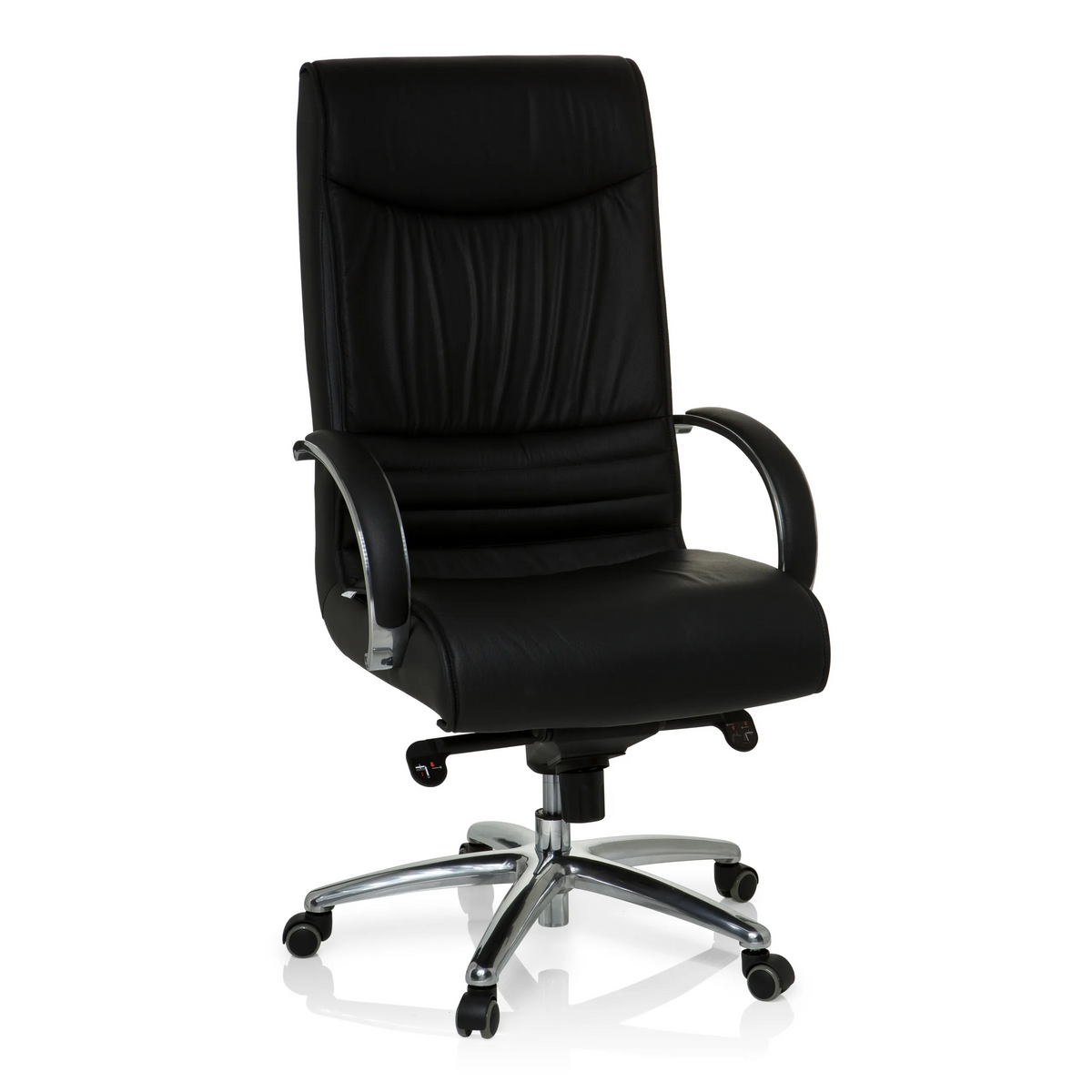 Sedia girevole XXL F 400 nera in pelle con base a stella e cinque ruote di hjh OFFICE – vista a 360° (vista frontale 20°)