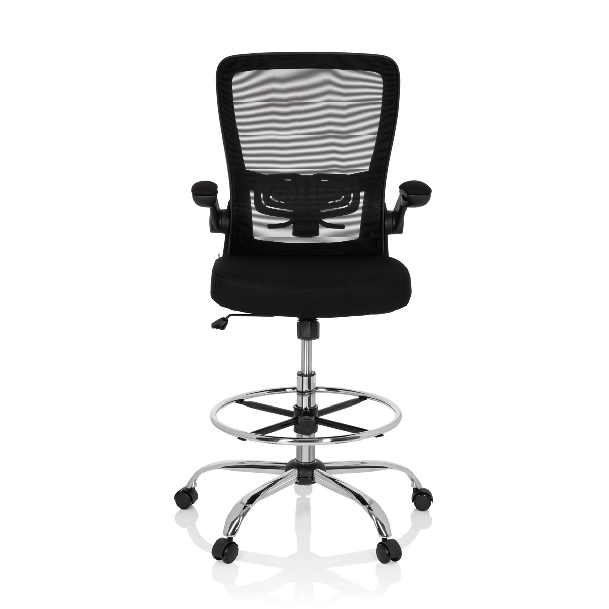 Sedia da banco VENDO WORK nera con schienale in rete, poggiapiedi e base a cinque ruote di hjh OFFICE – vista a 360° (vista frontale 0°)