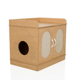 Cuccia per gatto KITTYHOME 2 color faggio con due porte, aperture ovali e un ripiano di hjh LIVING – vista a 360° (vista frontale a tre quarti 45°)