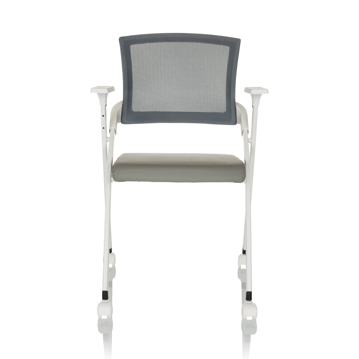 Sedia pieghevole PRIORITY II W PU grigia con schienale in rete, braccioli e ruote di hjh OFFICE – vista a 360° (vista frontale 0°)