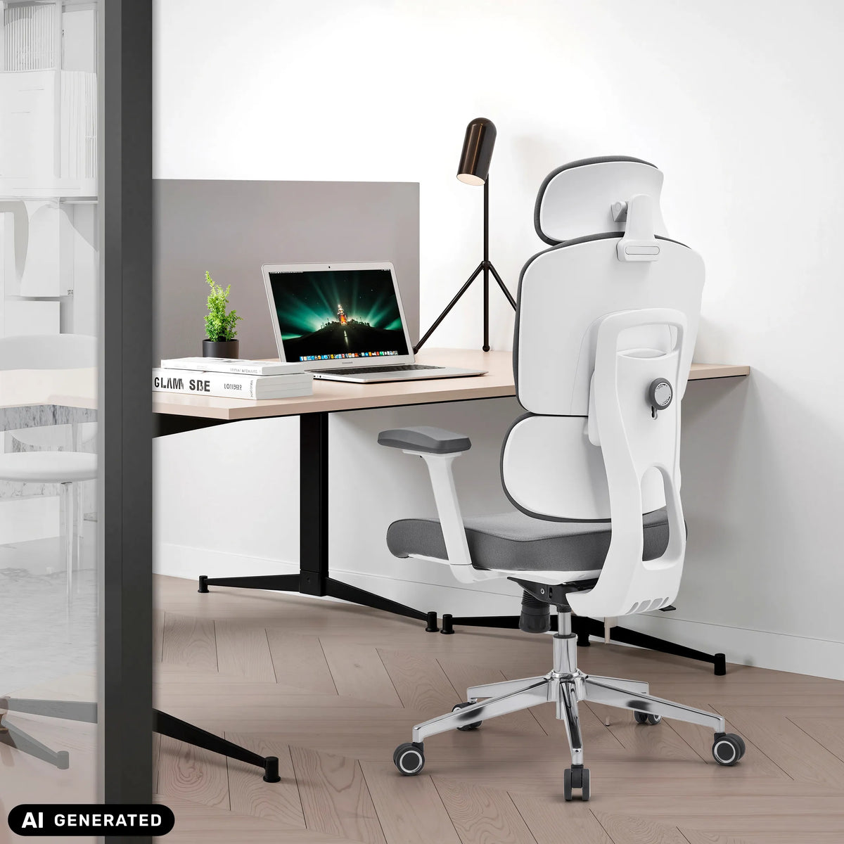 Sedia da ufficio professionale Ergomy WF 2 in grigio con struttura bianca e poggiatesta di hjh OFFICE (immagine generata dall’IA)