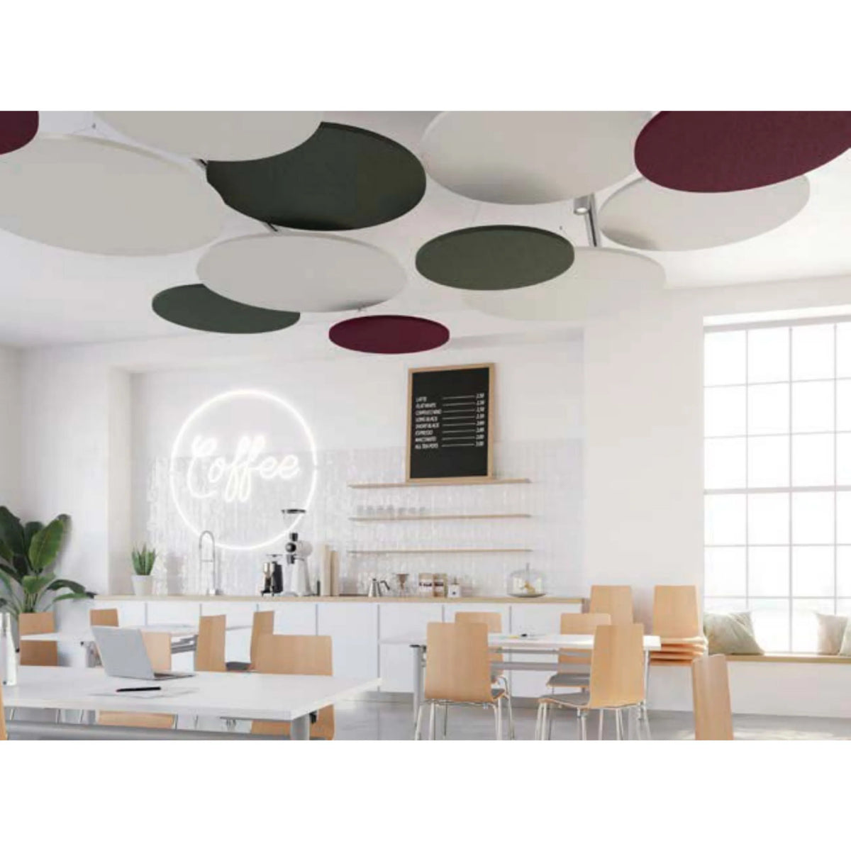 Vele acustiche circolari a soffitto degli Accessori ADSRB1 in vari colori sul soffitto di hjh OFFICE PRO