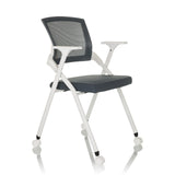 Sedia pieghevole PRIORITY II W grigia con schienale in rete, braccioli e ruote di hjh OFFICE – vista a 360° (vista frontale a tre quarti 45°)