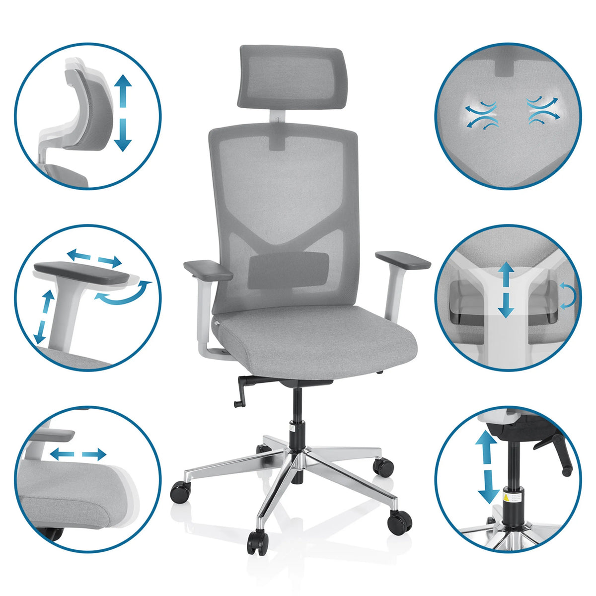 Sedia da ufficio professionale BRETON PRO W grigia con diverse possibilità di regolazione di hjh OFFICE