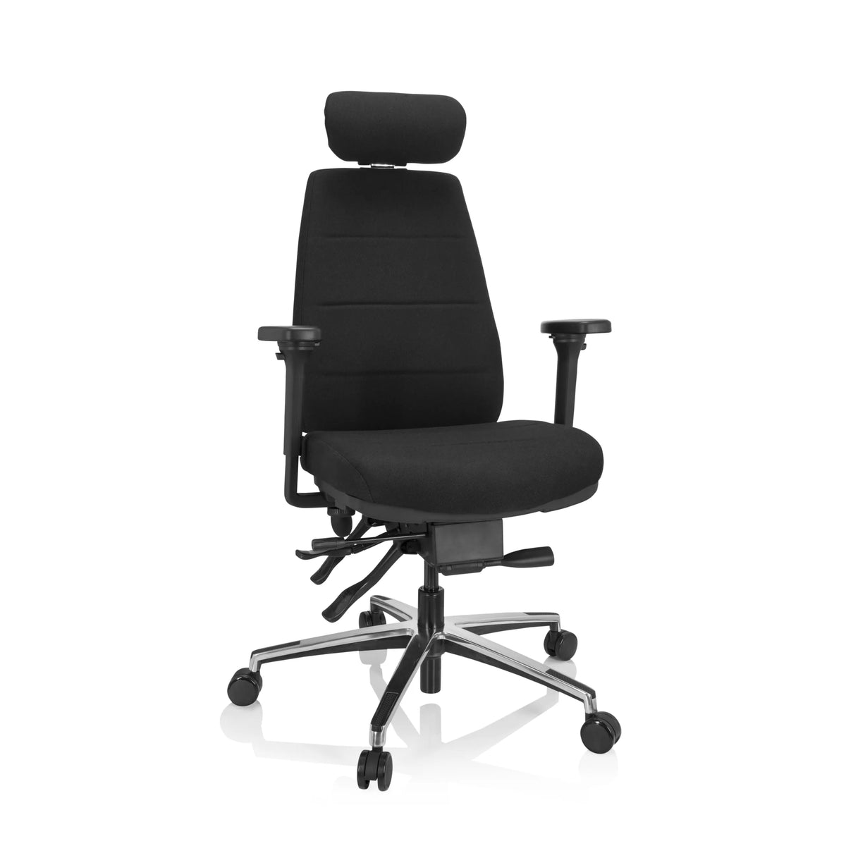Sedia da ufficio professionale PHOENIX PRO I nera con poggiatesta e base a cinque ruote di hjh OFFICE – vista a 360° (vista frontale 20°)