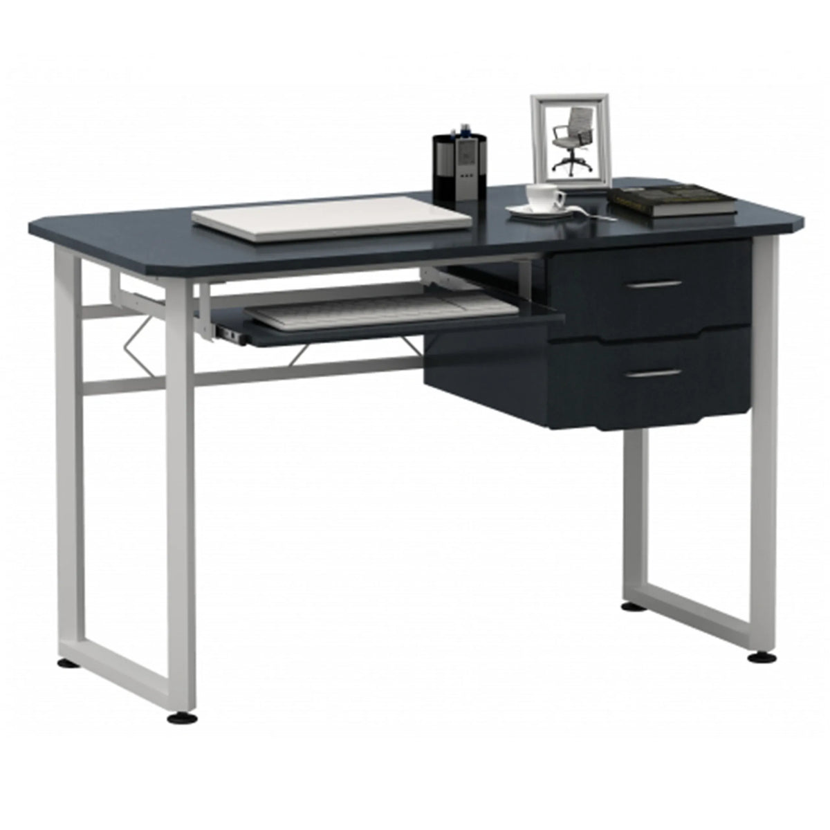 Scrivania WORKFLOW in grafite e bianco con ripiano estraibile per tastiera e due cassetti di hjh OFFICE