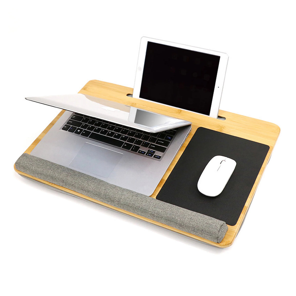 Supporto per laptop COMFILAP in bambù con area mousepad integrata e poggiapolsi grigio di hjh OFFICE