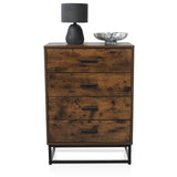 Cassettiera VINSTRA in marrone con quattro cassetti, maniglie nere e struttura in metallo nero di hjh LIVING
