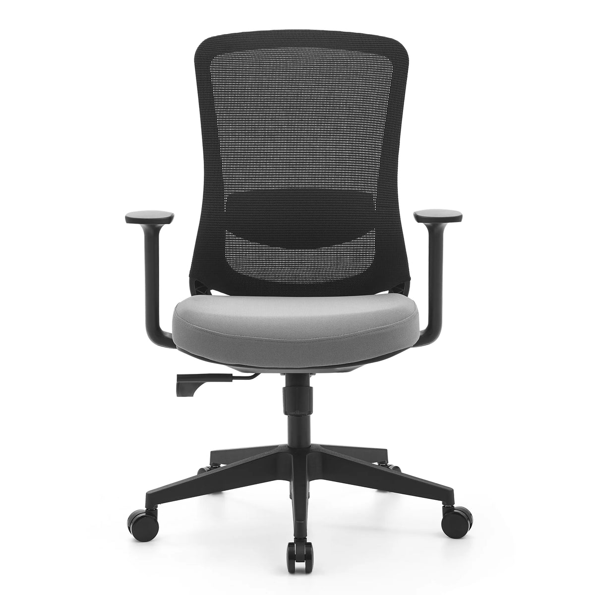 Sedia Home Office Sedito nero-grigia con schienale in rete e base a cinque ruote di hjh OFFICE – vista a 360° (vista frontale 0°)