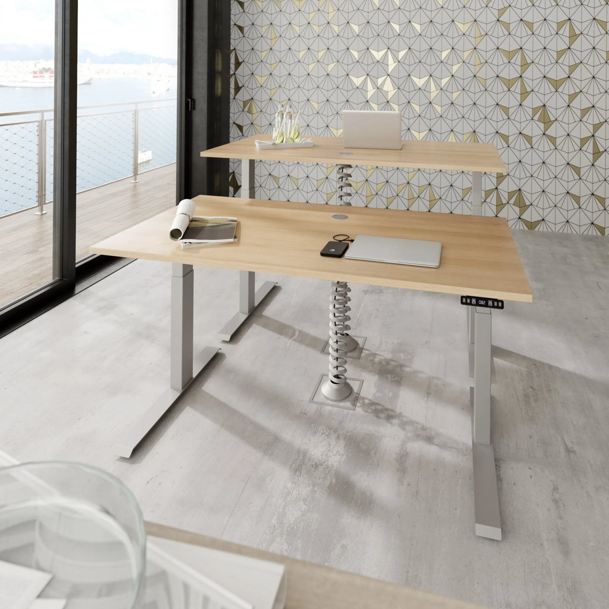 Scrivania regolabile elettricamente in altezza XDKB 12 S in rovere nodoso con pannello di controllo di hjh OFFICE PRO