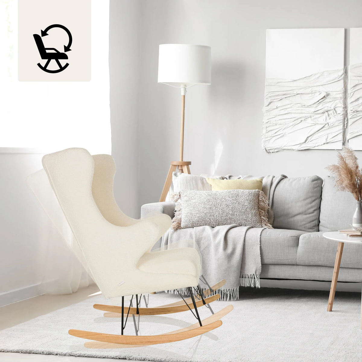 Poltrona Lounge MAPOON bianca come poltrona a dondolo con struttura in legno e pattini di hjh LIVING