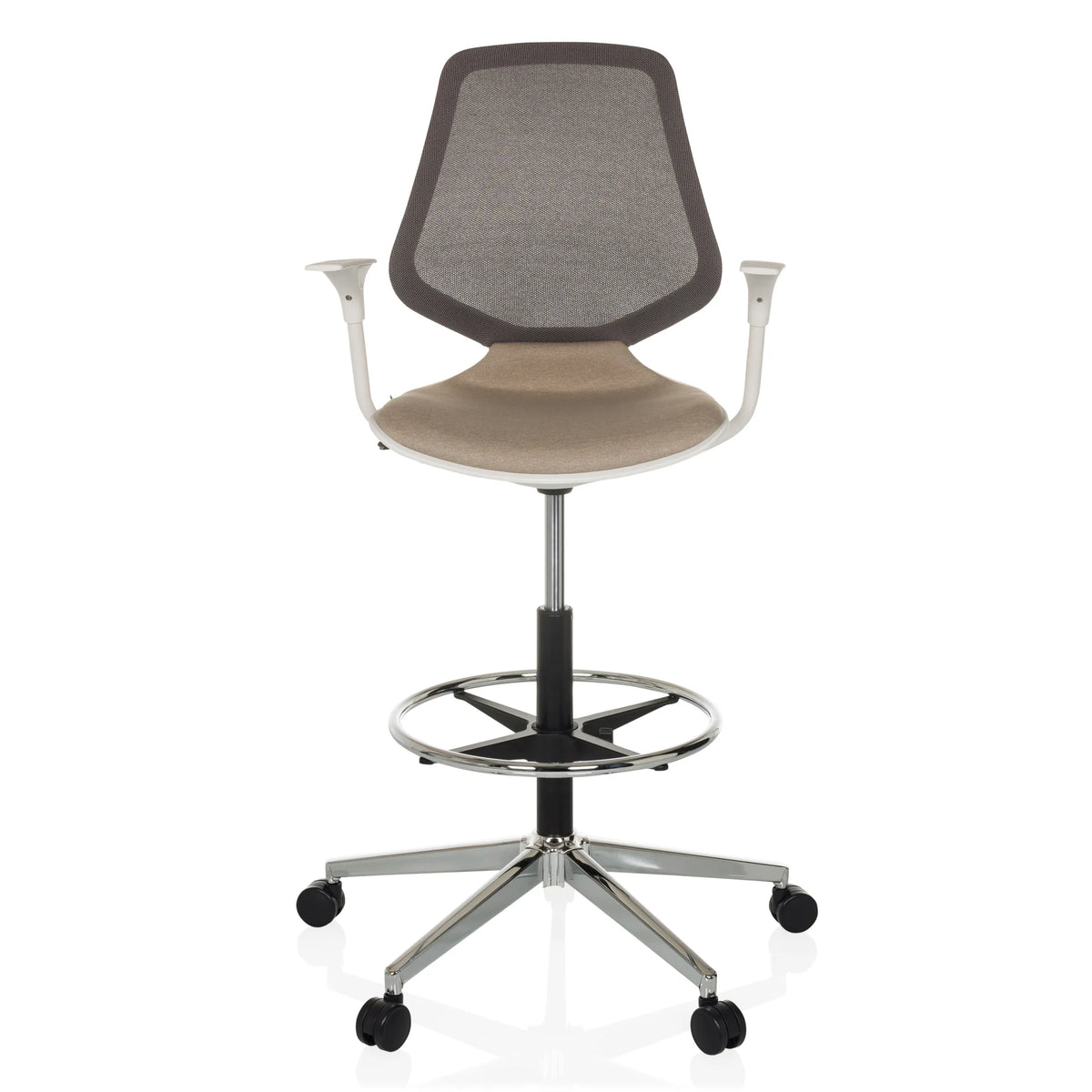 Sedia da banco TOP WORK STYLE beige con schienale in rete, poggiapiedi e base a cinque ruote di hjh OFFICE – vista a 360° (vista frontale 0°)