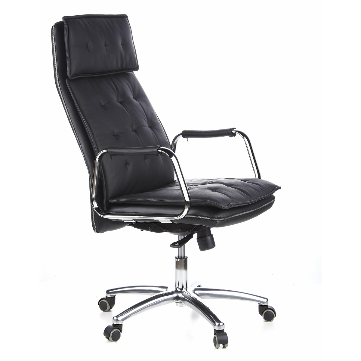 Poltrona professionale VILLA 20 nera con imbottitura trapuntata e base a cinque ruote di hjh OFFICE – vista a 360° (vista frontale a tre quarti 60°)