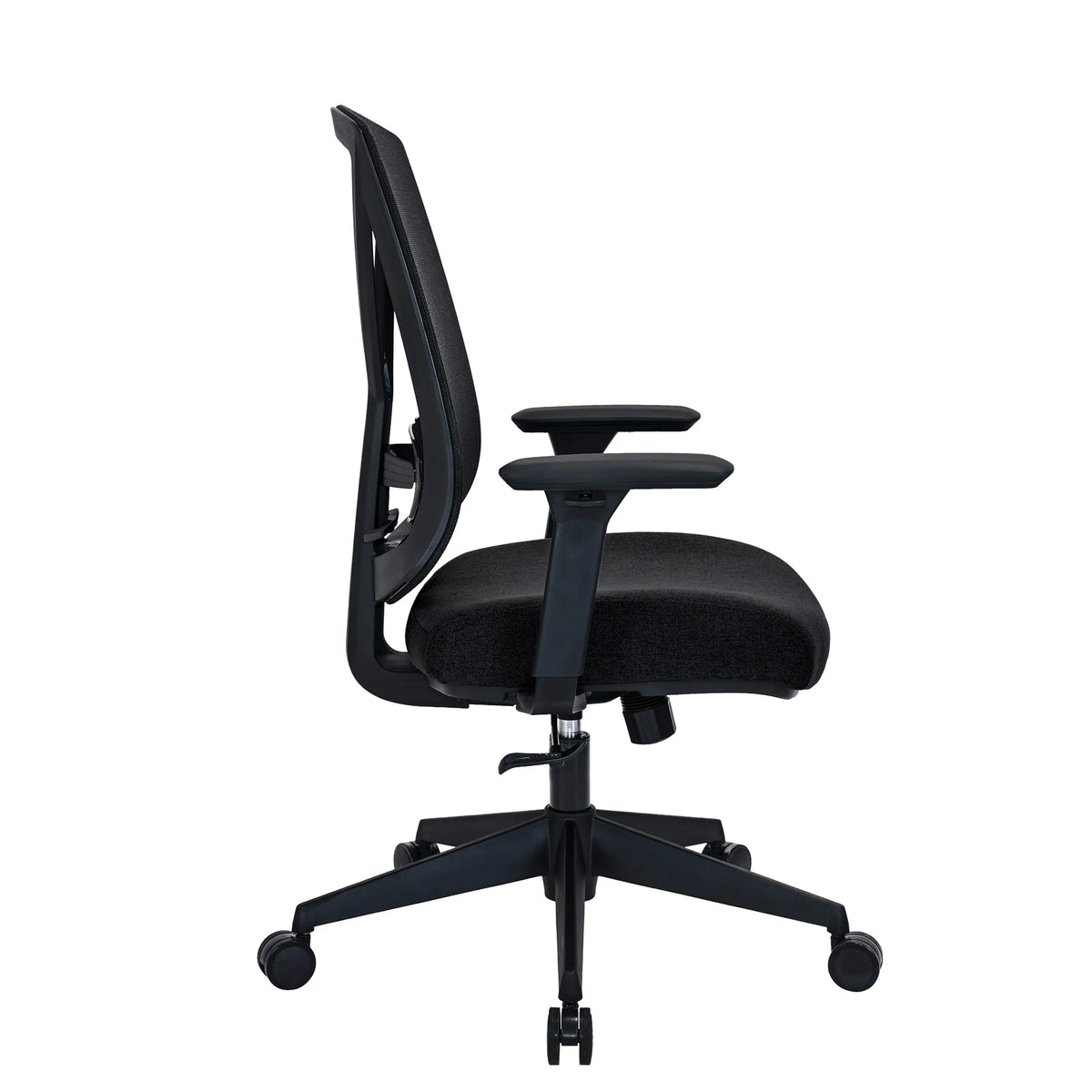 Vista laterale della Sedia da ufficio professionale Mirou in nero con braccioli e base a stella con ruote di hjh OFFICE