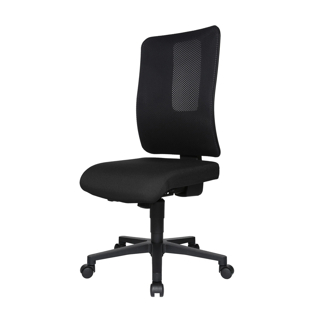 Schwarzer Profi-Bürostuhl HJH WORK BASIC mit Netzrücken und einem Fußkreuz mit fünf Rollen von Topstar – 360-Grad-Ansicht (schräge Frontansicht 300°)