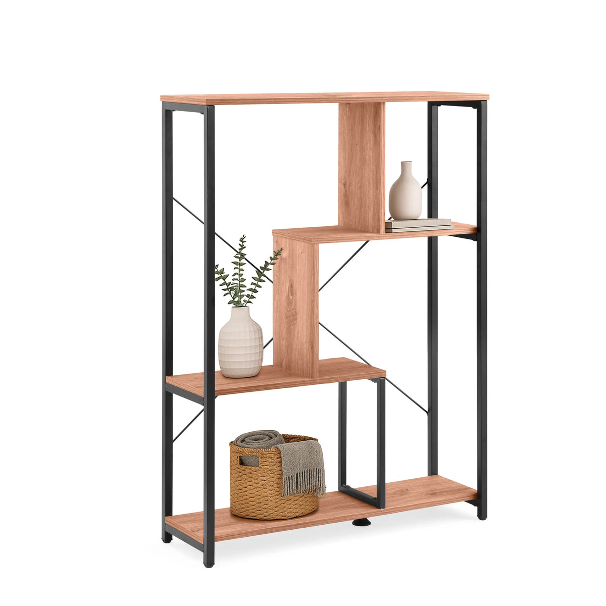 Scaffale Kalag Eco con struttura in metallo nero e ripiani effetto rovere di hjh LIVING