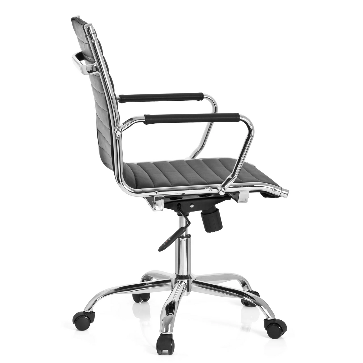 Poltrona professionale VEMONA 10 nera con impunture trasversali e base a cinque ruote di hjh OFFICE – vista a 360° (profilo laterale 100°)