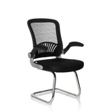 Sedia a sbalzo FLYER PRO V nera con schienale in rete, braccioli e base a slitta di hjh OFFICE – vista a 360° (vista frontale a tre quarti 40°)