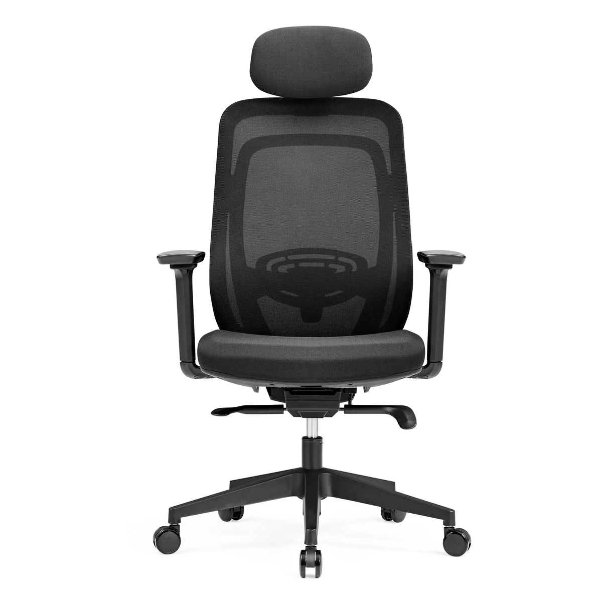 Sedia da ufficio professionale Vivadapt nera con schienale in rete, poggiatesta e base a cinque ruote di hjh OFFICE – vista a 360° (vista frontale 0°)