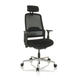 Sedia da ufficio professionale TERARO AX nera con schienale in rete, poggiatesta e base a cinque ruote di hjh OFFICE – vista a 360° (vista frontale a tre quarti 30°)