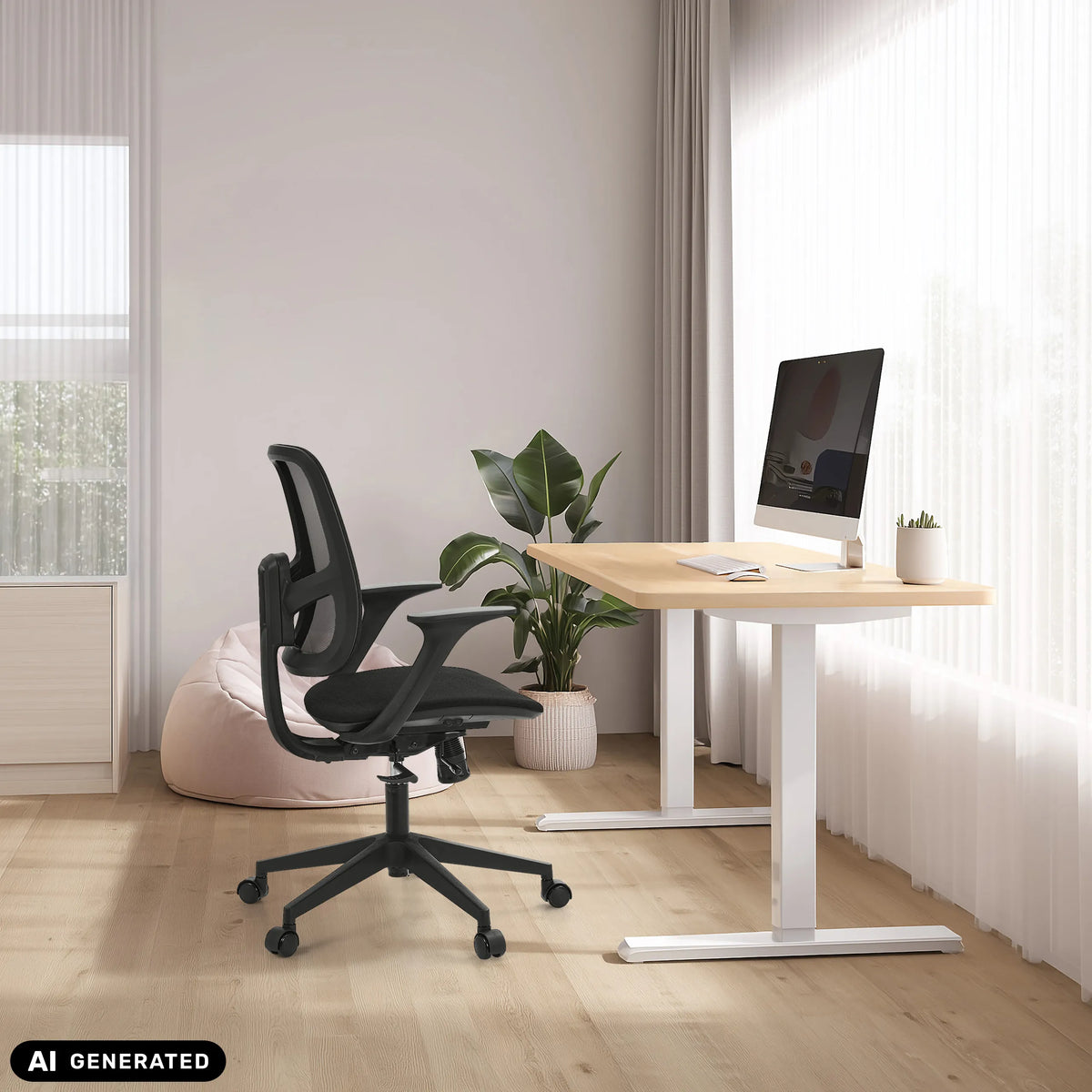 Sedia Home Office Malio in nero a una scrivania regolabile in altezza di hjh OFFICE (immagine generata dall’IA)