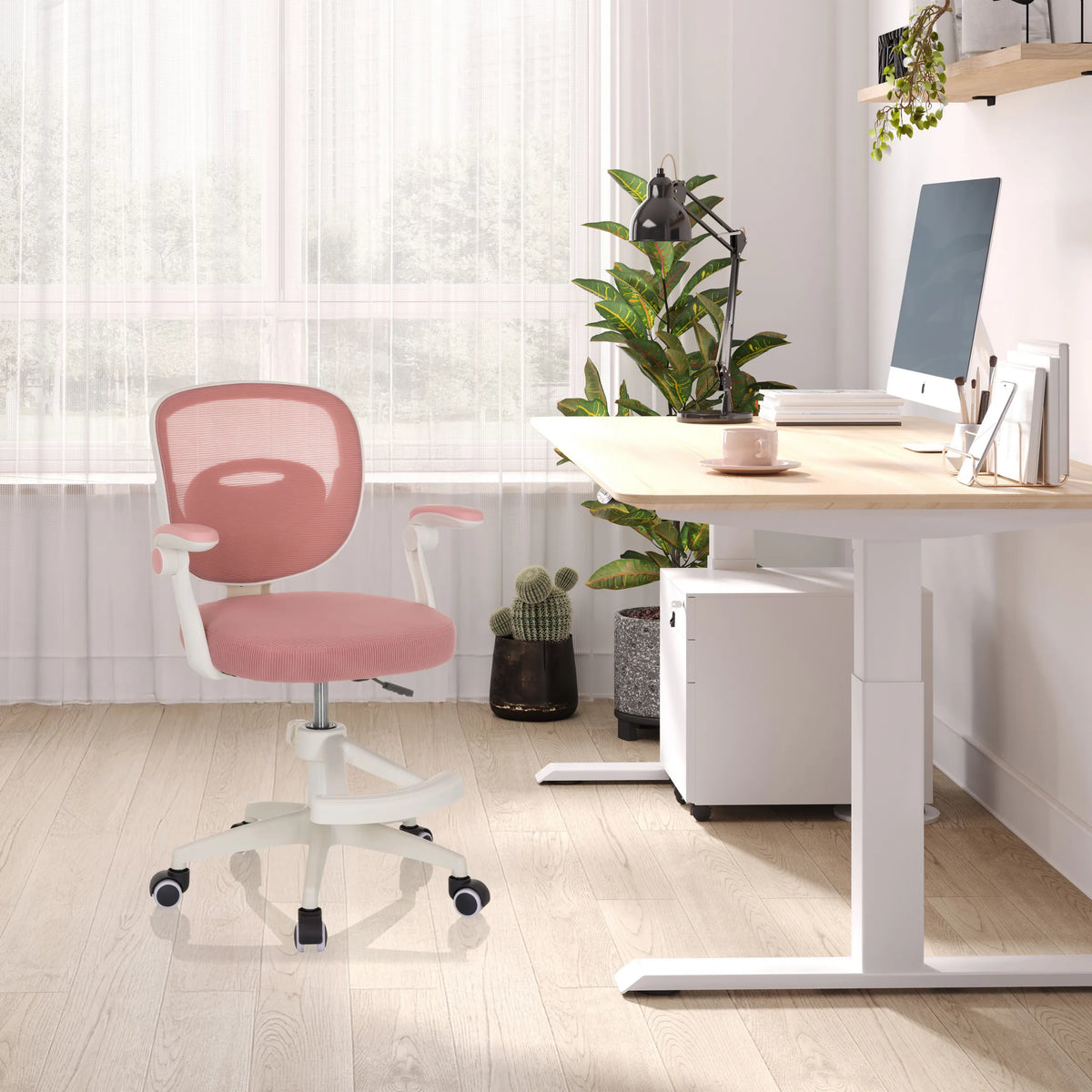 Sedia girevole per bambini KIDDY SMART rosa con schienale in rete e braccioli bianchi di hjh OFFICE
