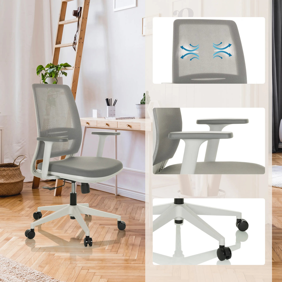 Sedia Home Office PROFONDO ECO W grigia con schienale in rete, braccioli e base bianca di hjh OFFICE