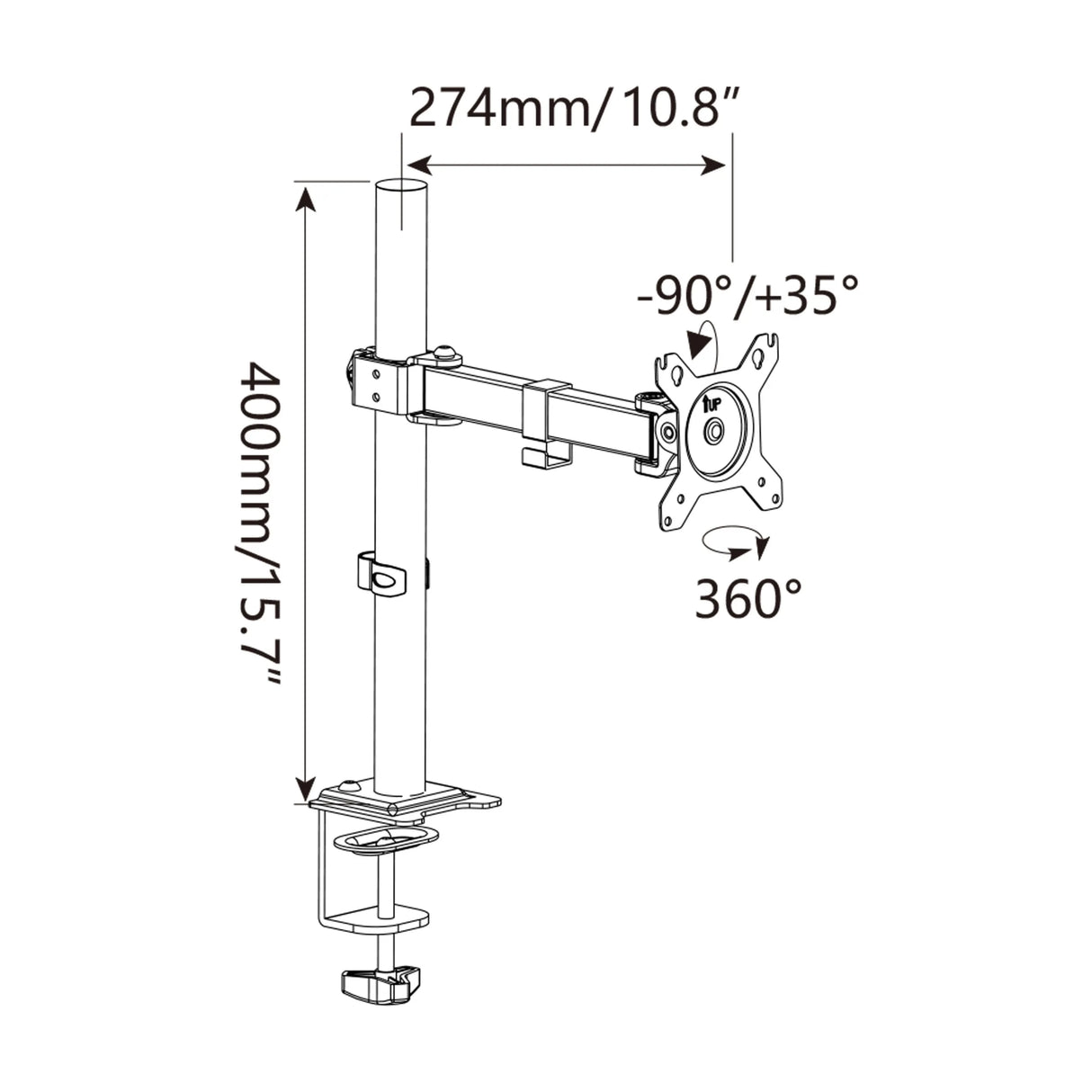 Disegno tecnico del Supporto per monitor Ergomount M1 con un'altezza di 400 mm di hjh OFFICE
