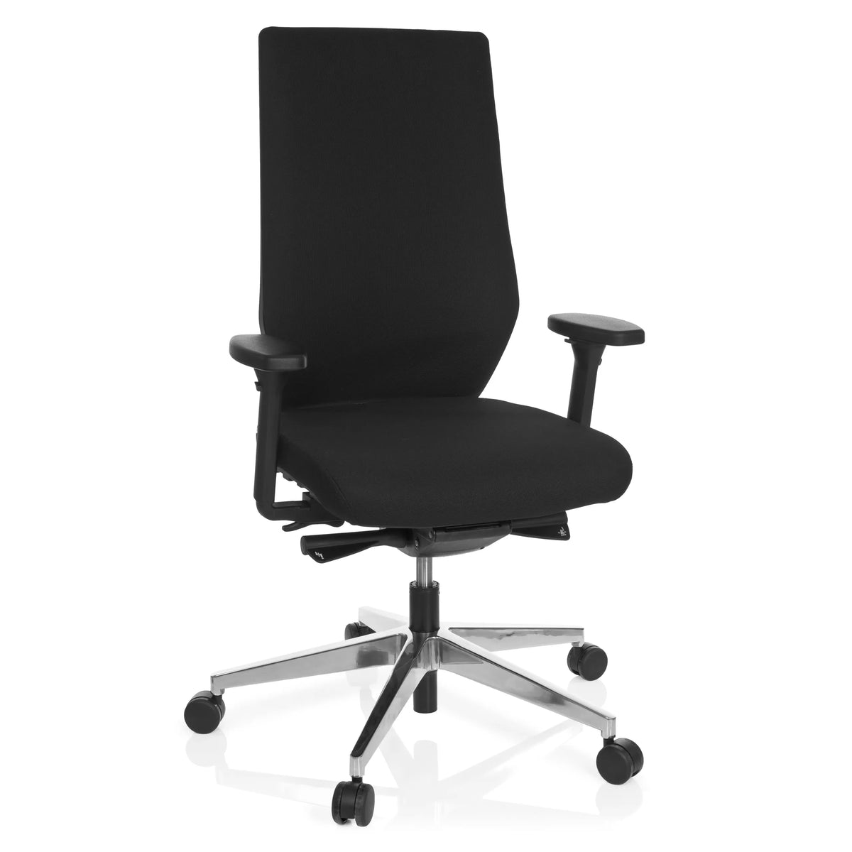 Sedia da ufficio professionale PRO-TEC 700 nera con braccioli e base lucida a cinque ruote di hjh OFFICE – vista a 360° (vista frontale 20°)