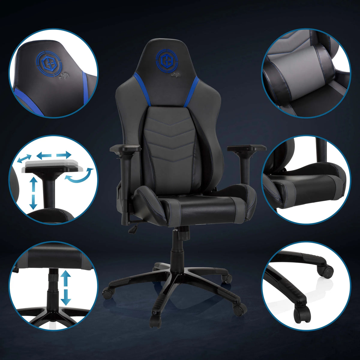 Sedia da gaming GAMEBREAKER POLARYS I in grigio-blu con viste dettagliate di braccioli, pistone a gas e rotelle di hjh OFFICE