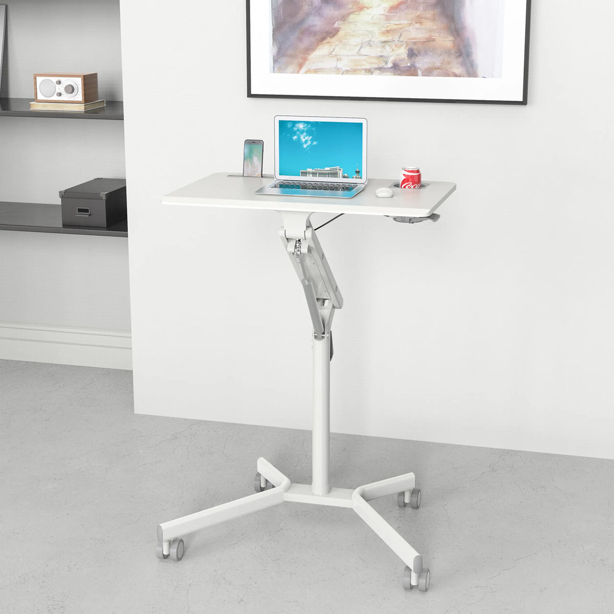 Scrivania in piedi bianca STAND VM-SU I con struttura regolabile in altezza e base a croce con ruote di hjh OFFICE