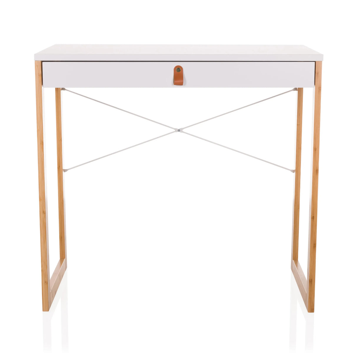 Scrivania bianca TAROLO II con un cassetto, maniglia in pelle marrone e gambe in legno di hjh LIVING – vista a 360° (vista frontale 0°)