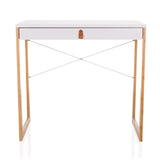 Scrivania bianca TAROLO II con un cassetto, maniglia in pelle marrone e gambe in legno di hjh LIVING – vista a 360° (vista frontale 0°)