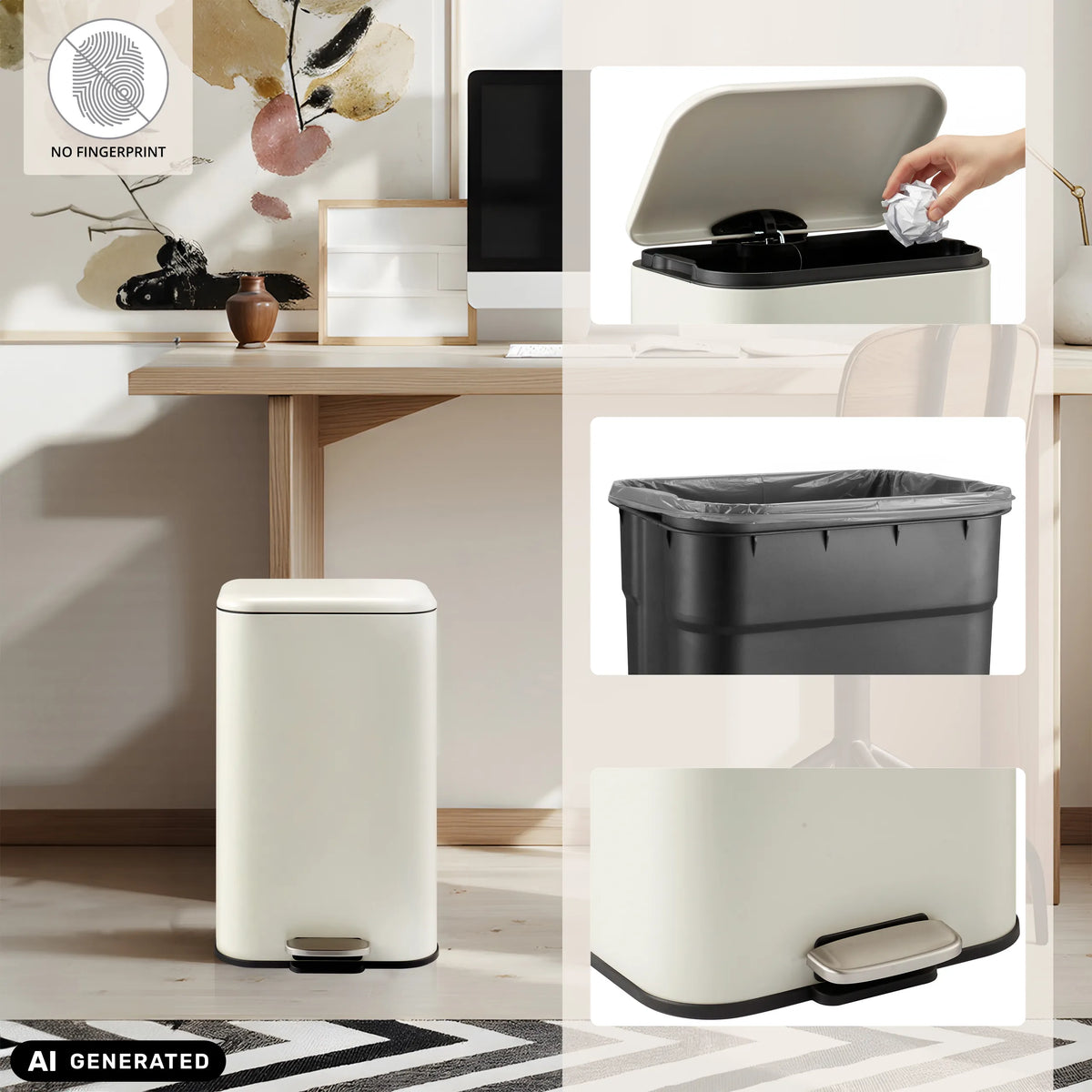 Cestino Clean 1 beige con pedale, secchiello interno e coperchio aperto di hjh OFFICE (immagine generata dall’IA)