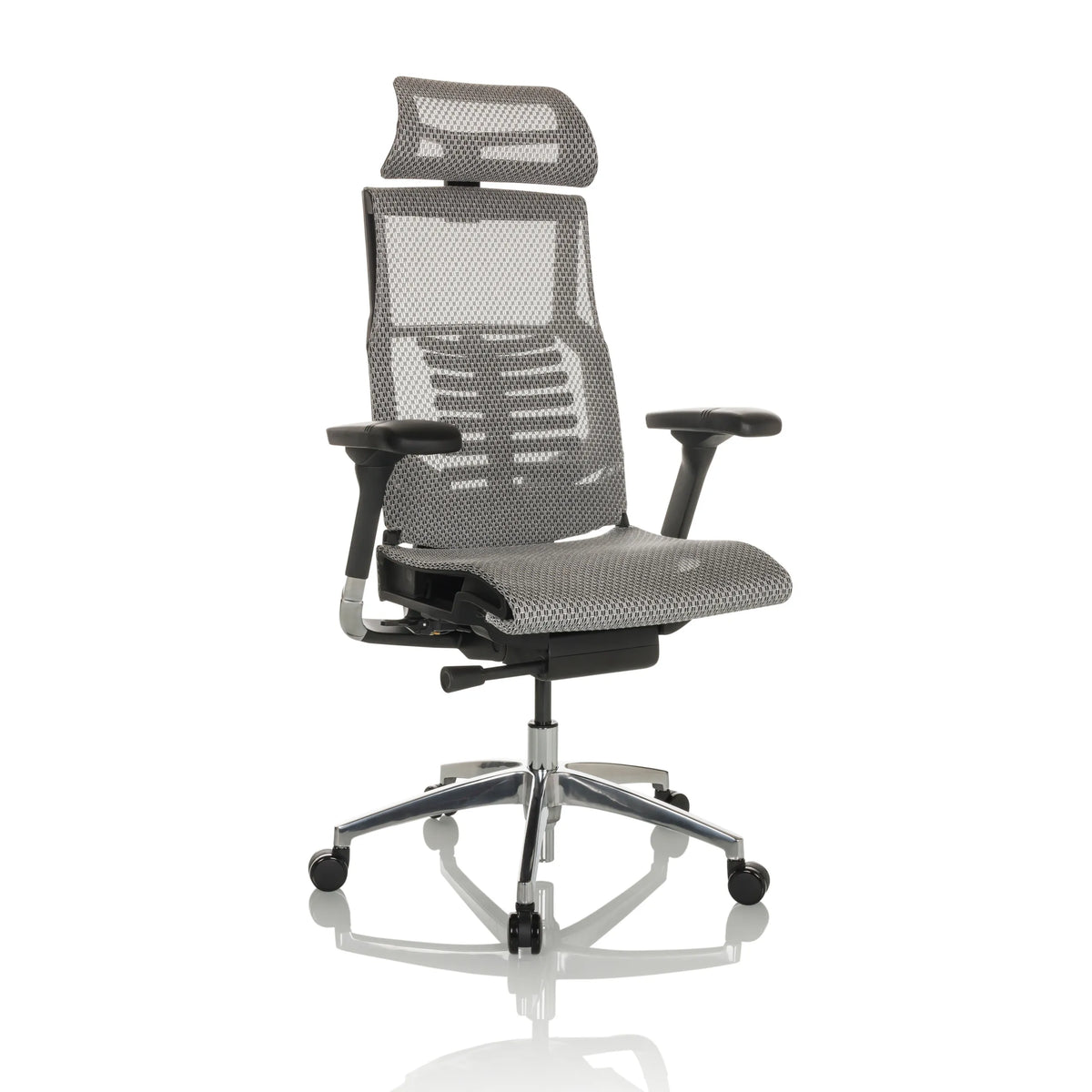 High-end Sedia da ufficio POFIT GEN2 grigio chiaro con schienale in rete e base a cinque ruote di hjh OFFICE – vista a 360° (vista frontale a tre quarti 30°)