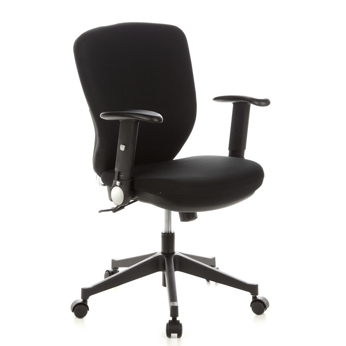 Sedia da ufficio professionale TRAFFIC 20 nera con braccioli e base a cinque ruote di hjh OFFICE – vista a 360° (vista frontale a tre quarti 40°)