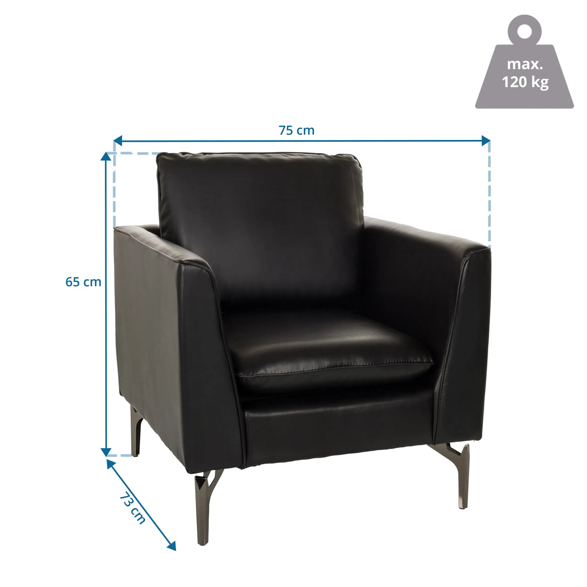 Disegno tecnico della Poltrona Lounge BAVERO con 75 x 65 cm e portata massima di 120 kg di hjh OFFICE