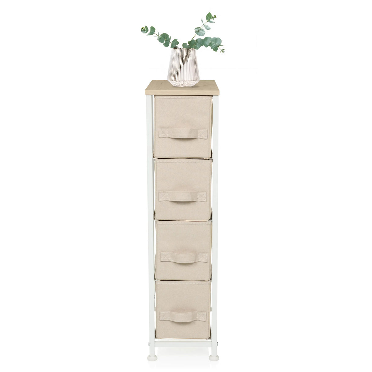 Cassettiera FOLDRESS S in beige con quattro cassetti in tessuto e un piano d'appoggio chiaro di hjh LIVING