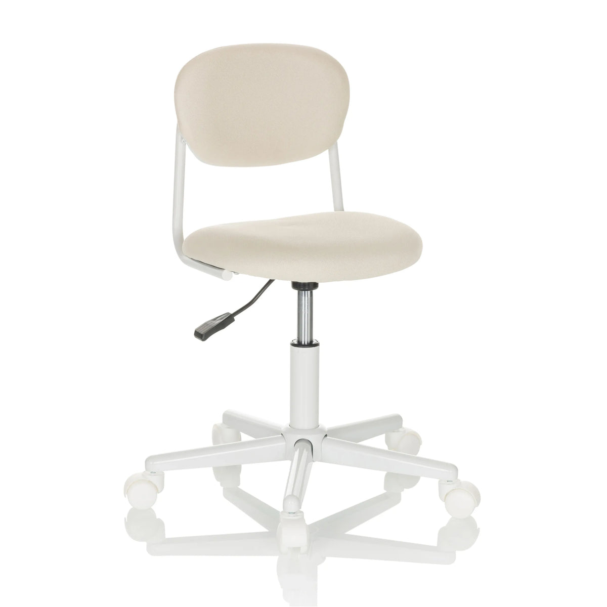Sedia girevole per bambini KIDDY BASE I beige con imbottitura e base bianca a cinque ruote di hjh OFFICE – vista a 360° (vista frontale a tre quarti 30°)