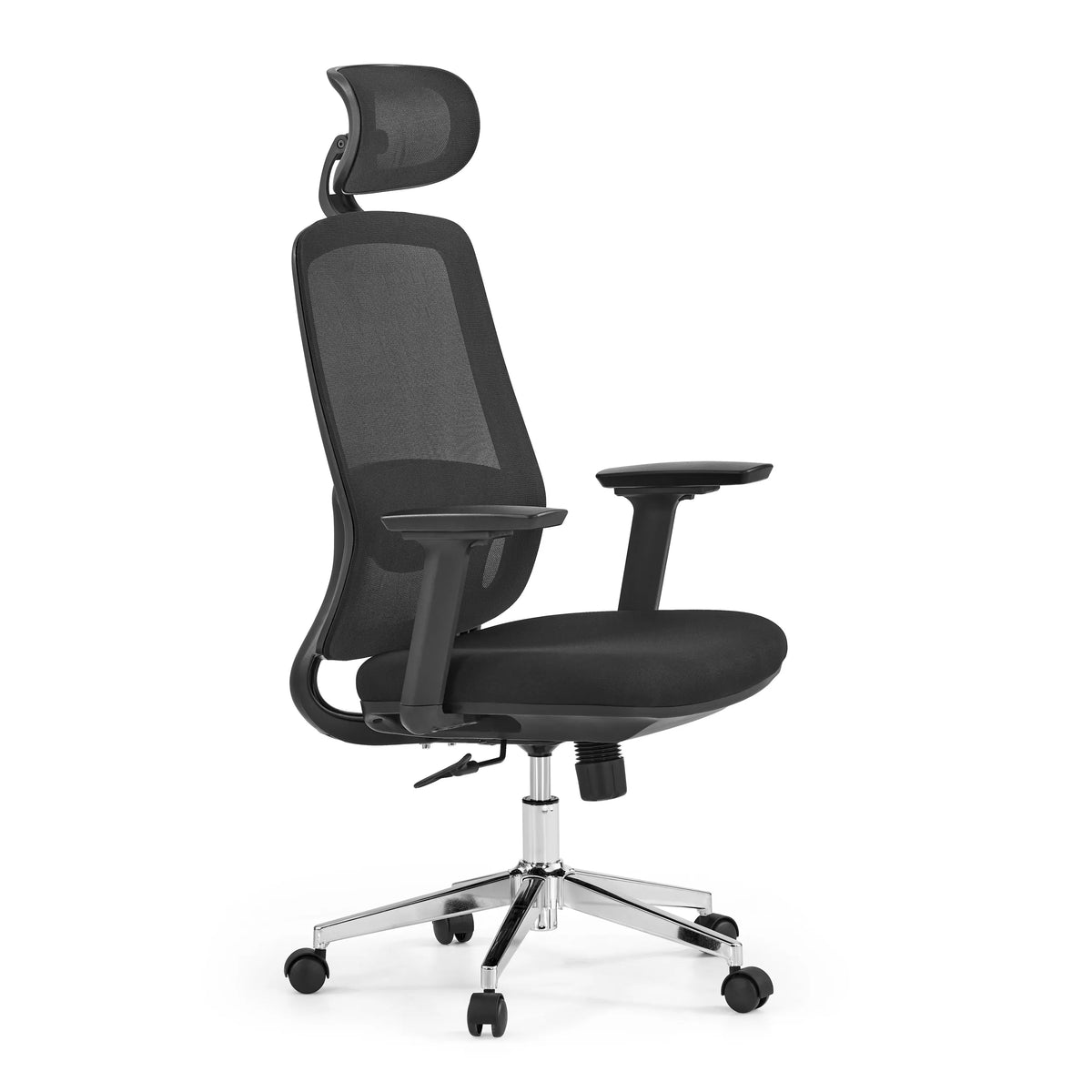 Sedia da ufficio professionale Ergosento nera con schienale in rete, poggiatesta e base a cinque ruote di hjh OFFICE – vista a 360° (vista frontale a tre quarti 60°)