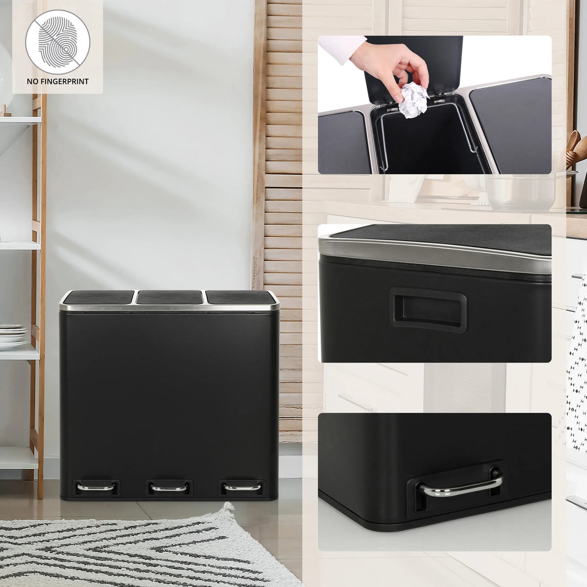 Cestini tripli Clean 9 in nero con tre coperchi a ribalta separati e pedali di hjh OFFICE