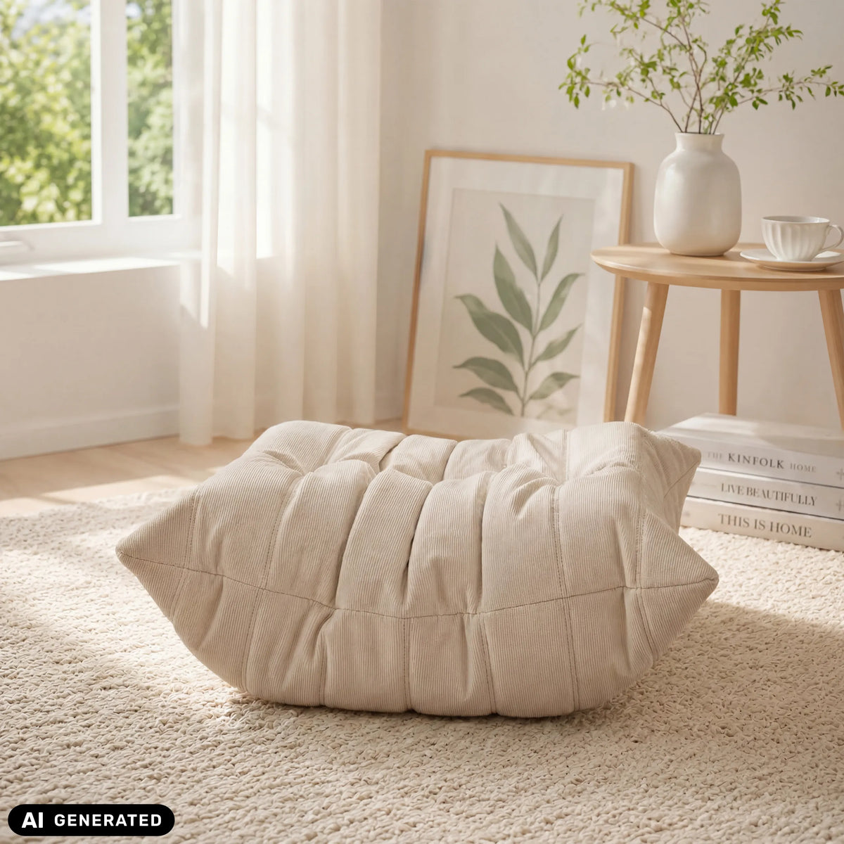 Pouf a sacco Sitzolo Podi beige con struttura trapuntata su un tappeto chiaro di hjh LIVING (immagine generata dall’IA)
