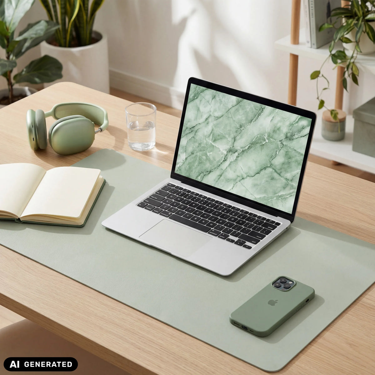 Sottomano da scrivania Padflux Clean verde chiaro su un tavolo in legno con laptop e accessori di hjh OFFICE (immagine generata dall’IA)