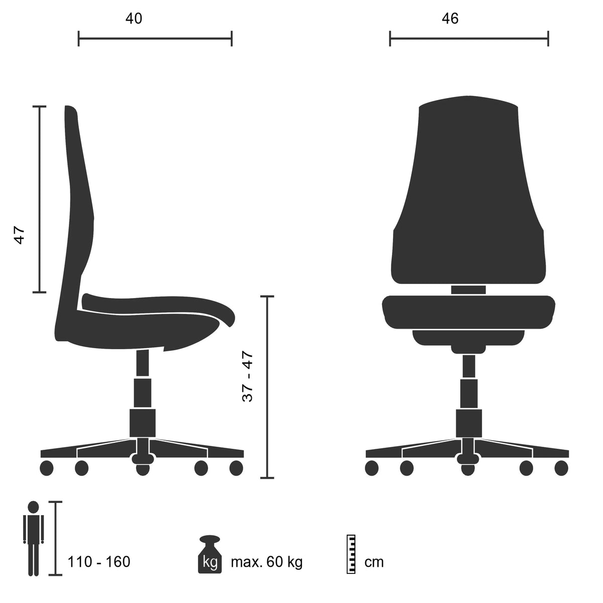 Disegno tecnico della Sedia girevole per bambini KIDDY BASE con una larghezza di 46 cm di hjh OFFICE