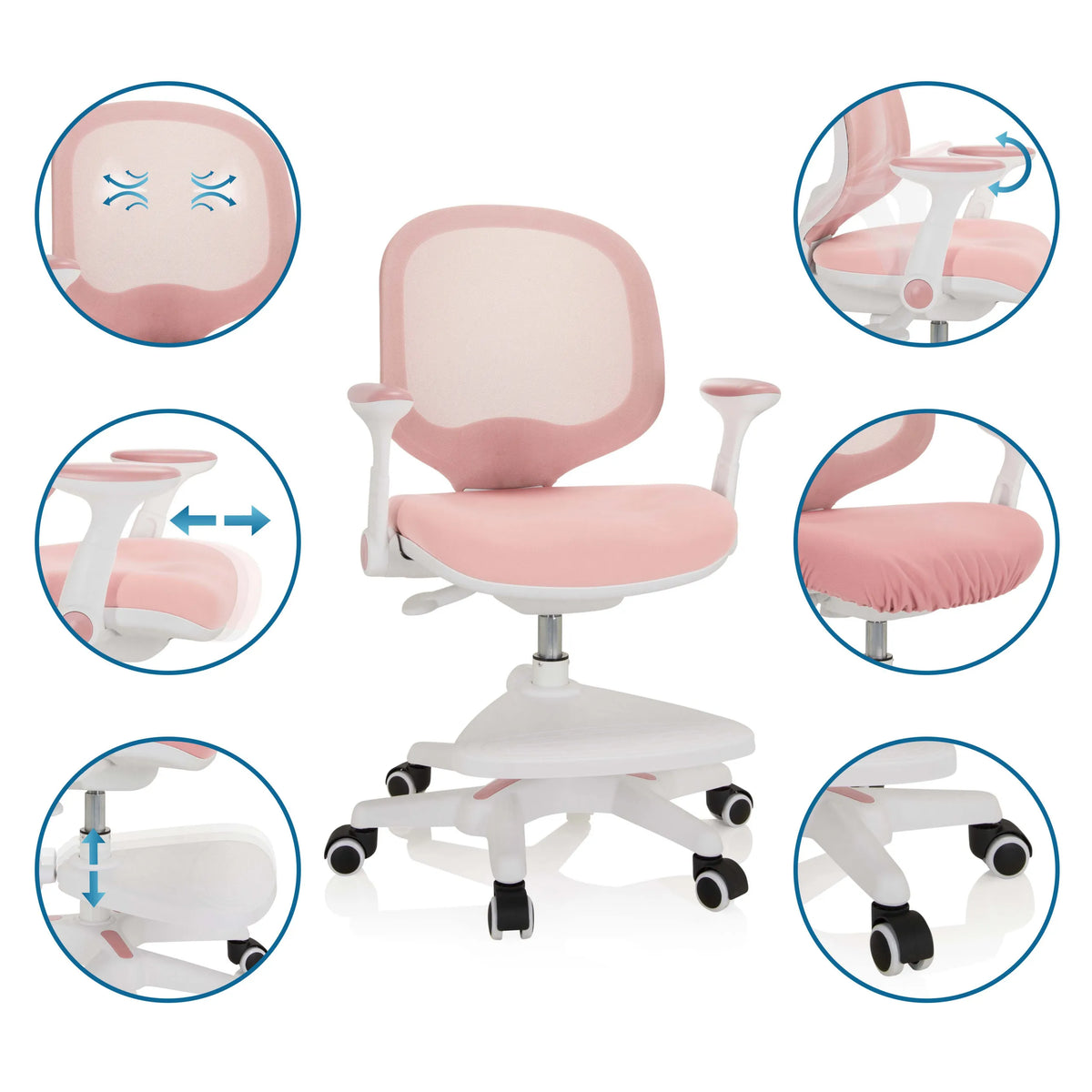 Sedia per bambini rosa KID ERGO con viste dettagliate dei braccioli regolabili, dell'altezza del sedile e delle ruote di hjh OFFICE